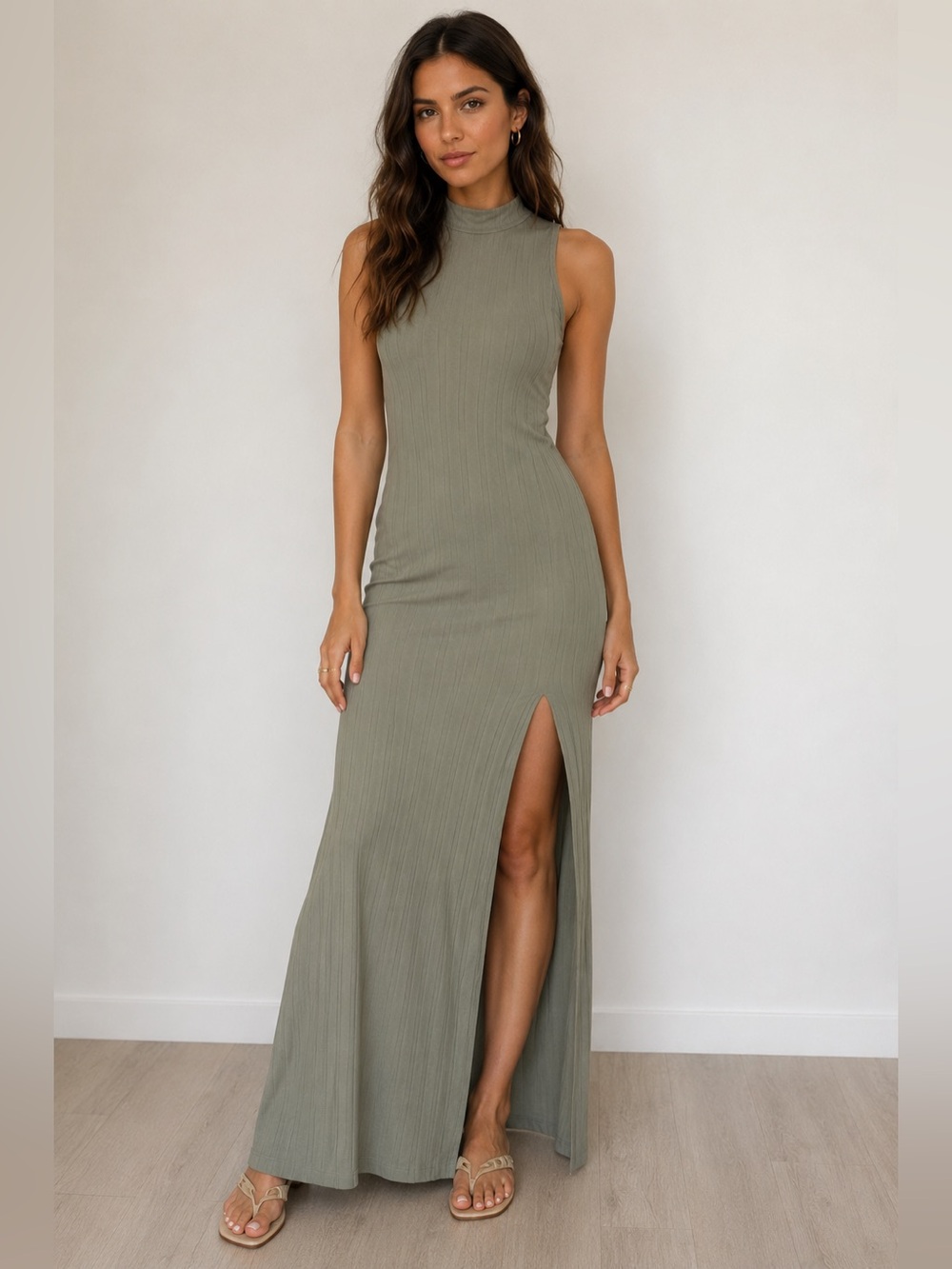 Wilfred Free Ribbed Olive Sleeveless Mock Neck Maxi Dress Side Slit Size XS